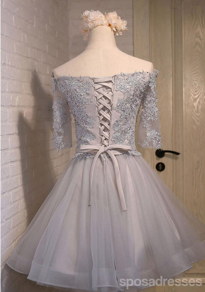 Off Shoulder Short Sleeve Gary Lace Homecoming Prom Dresses, Affordable Short Party Prom Dresses, Perfect Homecoming Dresses, CM269