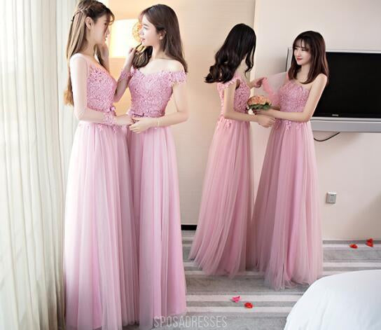 Pink Lace Tulle Long Bridesmaid Dresses, Cheap Bridesmaid Dresses, BD002