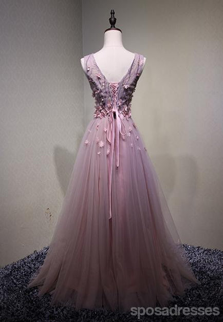 Pink See Through V Neck A-line Tulle Long Evening Prom Dresses, 17616
