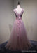 Pink See Through V Neck A-line Tulle Long Evening Prom Dresses, 17616