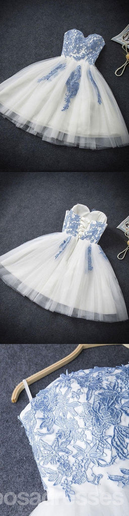 Sweetheart Ντεκολτέ μπλε δαντέλα Homecoming Prom φορέματα, φθηνά γλυκά 16 Φορέματα, CM353