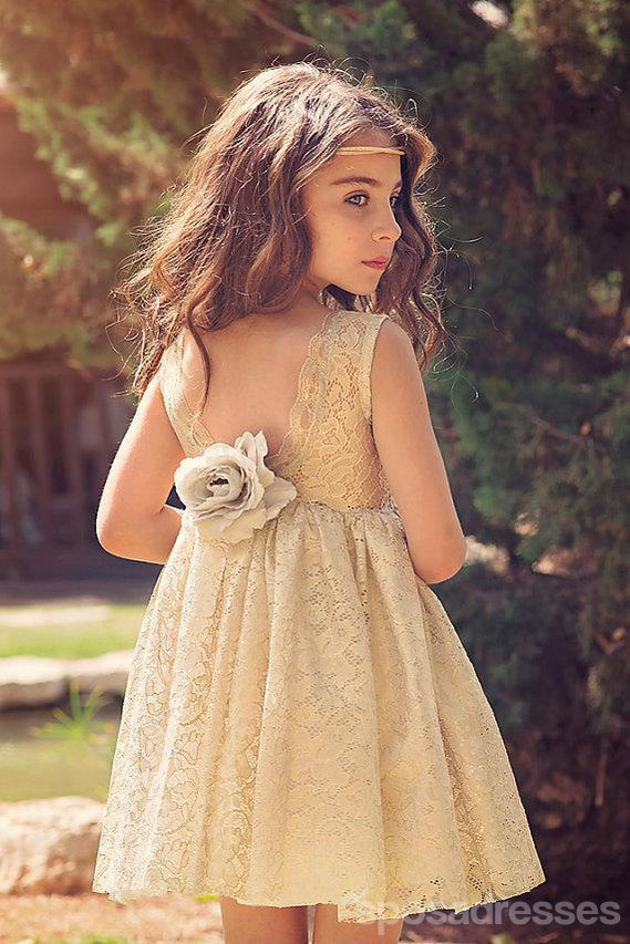 Scoop Neckline Lace A-line V-back Φορέματα λουλουδιών, υπέροχα φορέματα μικρών κοριτσιών, FG064