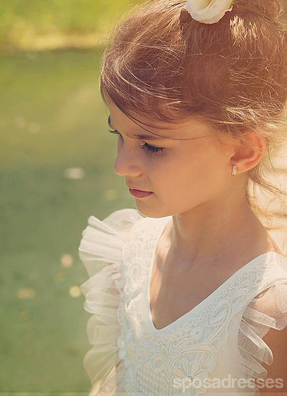 Εφαρμογές V-neck Ivory Tulle A-μοναχικά μακριά φορέματα κοριτσιών, υπέροχα φορέματα λουλουδιών λουλουδιών, FG065