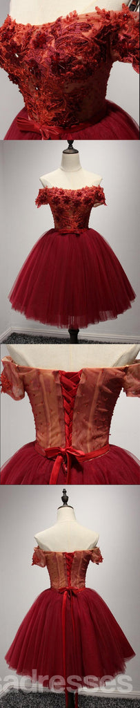Off Shoulder Short Sleeve Red Lace Homecoming Prom Dresses, Affordable Short Party Corset Back Prom Dresses, Perfect Homecoming Dresses, CM215