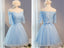 Off Shoulder Short Sleeve Blue Lace Homecoming Prom Dresses, Affordable Short Party Prom Dresses, Perfect Homecoming Dresses, CM287