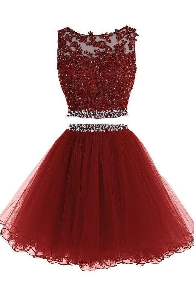 Σέξι δύο κομμάτια Μπορντό δαντέλα Beaded σύντομη Homecoming Φορέματα 2018, CM558