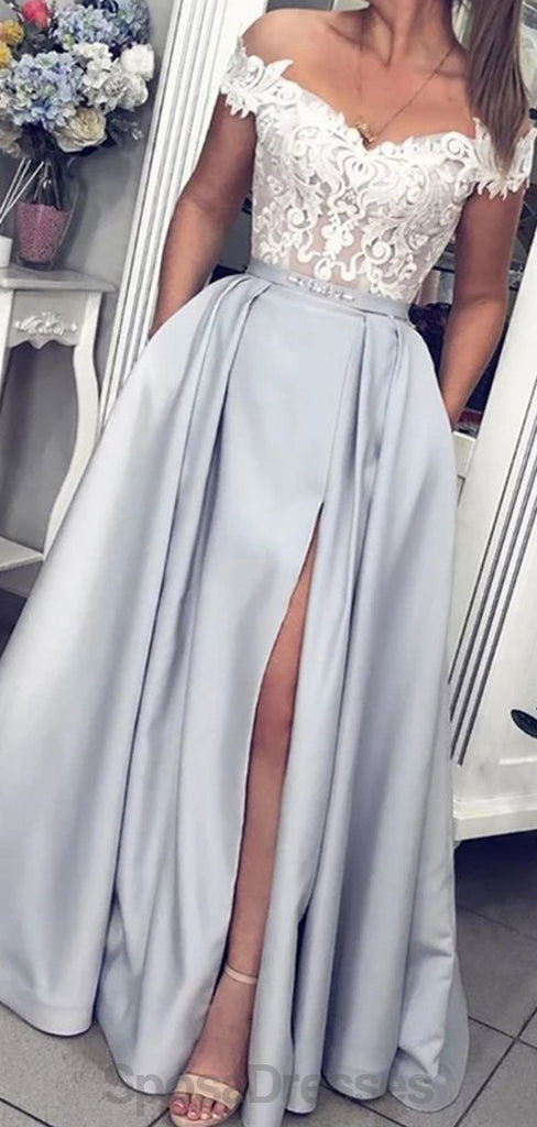 Off Shoulder Silver Grey Side Slit Evening Prom Dresses, Evening Party Prom Dresses, 12144