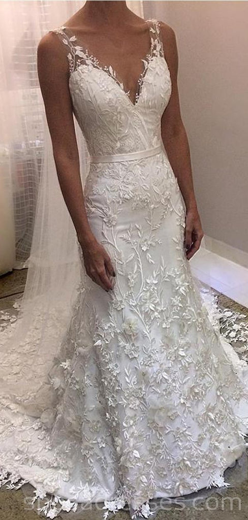 V Neck Backless Lace Γοργόνα Φορέματα Νυφικά Online, Φθηνά Νυφικά, WD530
