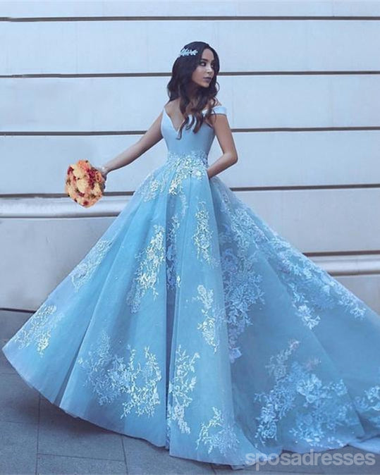 Off Shoulder V Neck Backless Light Blue A-line Floor Length Custom Long Evening Prom Dresses, 17385