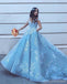 Off Shoulder V Neck Backless Light Blue A-line Floor Length Custom Long Evening Prom Dresses, 17385