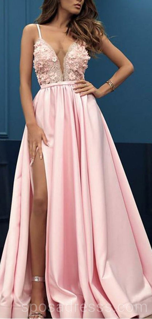 Pink Spaghetti Straps Side Slit Long Evening Prom Dresses, Cheap Custom Sweet 16 Dresses, 18552