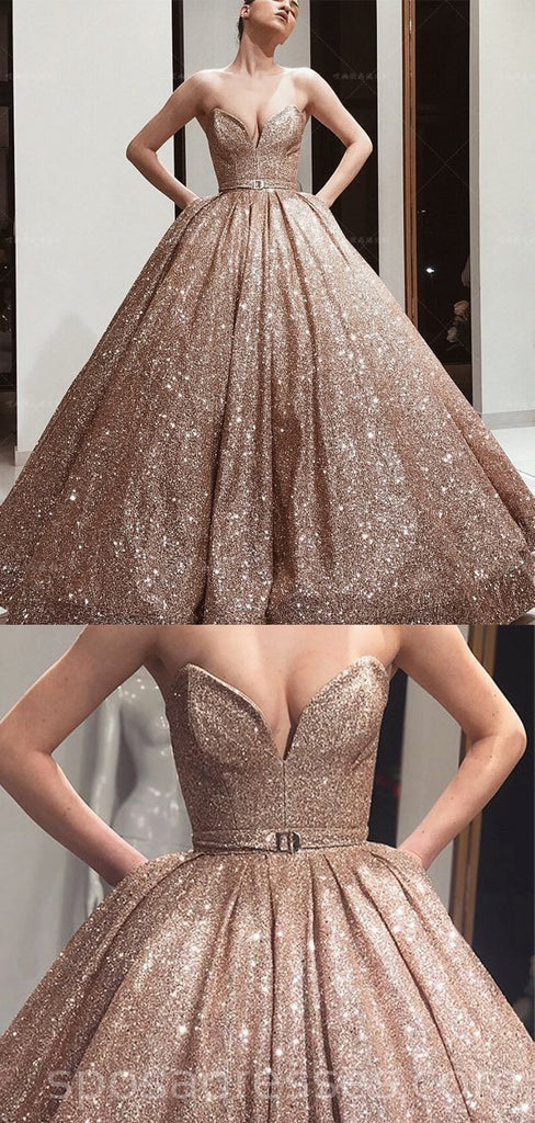 Gold Sequin Ball Gown Sparkly Long Evening Prom Φορέματα, Βραδινά Πάρτι Στρώματα, 18619