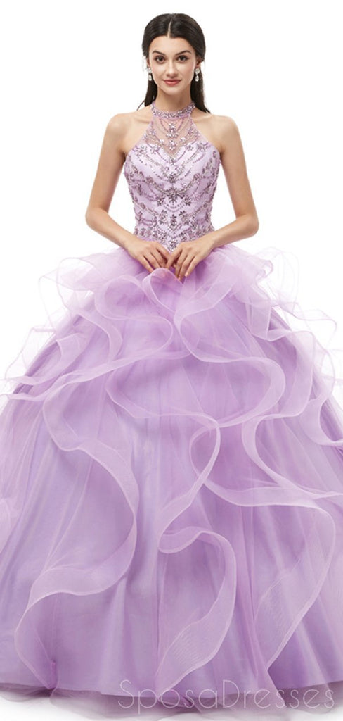 Halter lilas robes de Quinceanera perlées lourdes, robes de bal de soirée, 12101