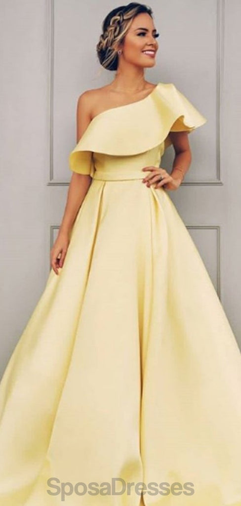One Shoulder Simple Yellow Cheap Long Evening Prom Dresses, Evening Party Prom Dresses, 12155