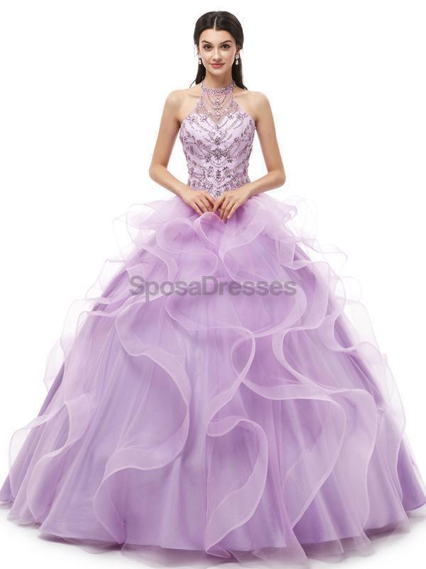 Halter lilas robes de Quinceanera perlées lourdes, robes de bal de soirée, 12101