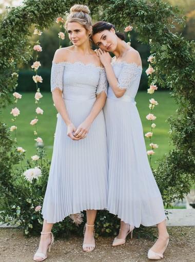 Azul bebê fora do ombro mangas compridas vestidos de dama de honra curtos on-line, WG274