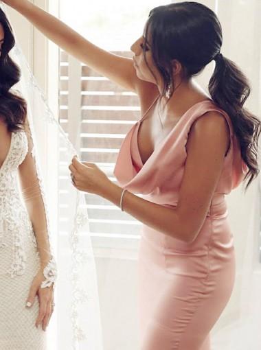Σέξι Pink Mermaid Side Slit Long Bridessaid Dresses Online, WG301