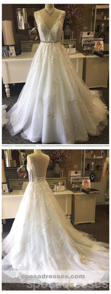 Lace Beaded V Neck A line Cheap Wedding Dresses Online, Cheap Lace Bridal Dresses, WD457