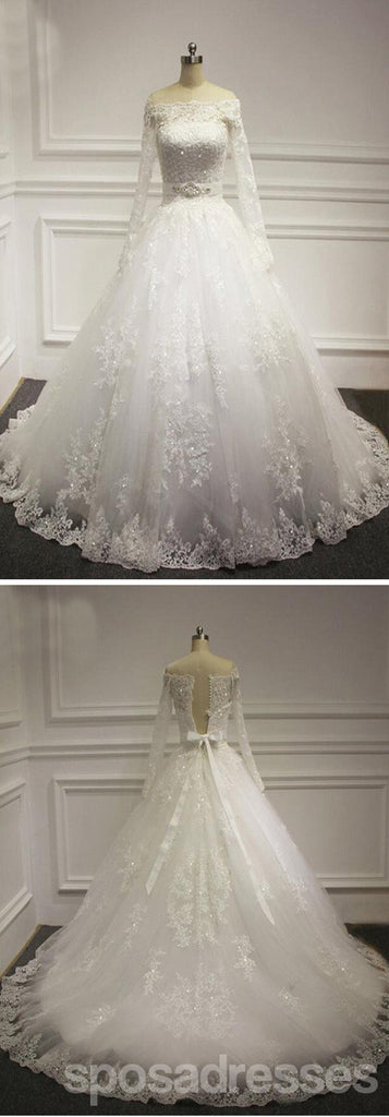 Vestidos de festa de casamento frisados do laço branco da luva longa do pescoço reto, WD0029