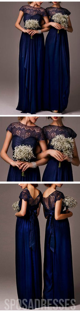 Topo de manga de gorro de desconto impressionante visto - por cadarço vestidos de dama de honra longos azuis reais elegantes, WG030