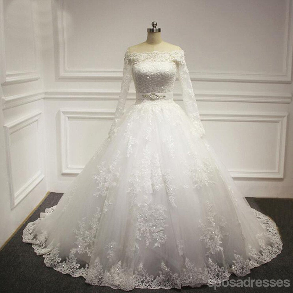 Vestidos de festa de casamento frisados do laço branco da luva longa do pescoço reto, WD0029