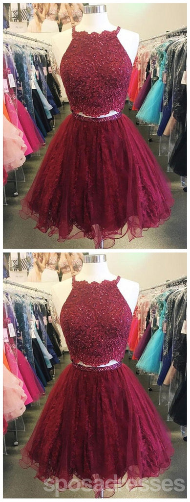 Deux pièces pas cher en dentelle courte perlée rouge foncé robes de bal 2018, CM482