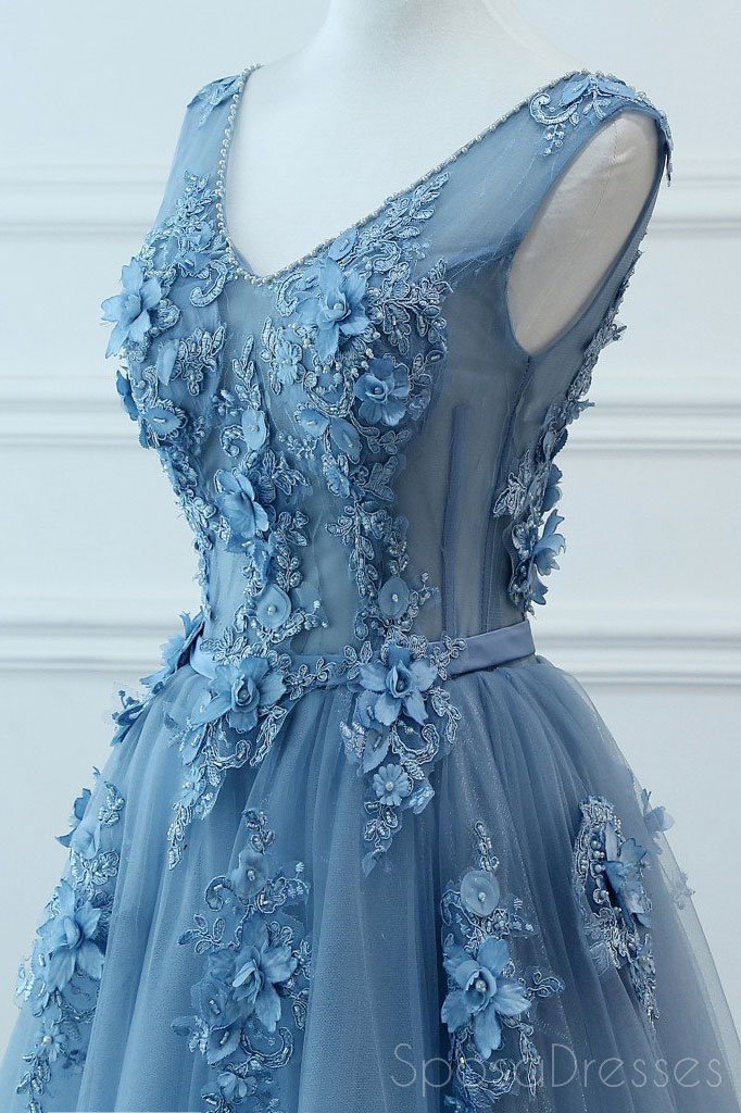 V Neck Dusty Blue Lace Beaded Long Evening Prom Dresses, Φτηνές Custom Φορέματα Prom Party, 18585