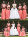 Peach Mismatched Lace Bodice Long Chiffon Cheap Bridesmaid Dresses, WG281
