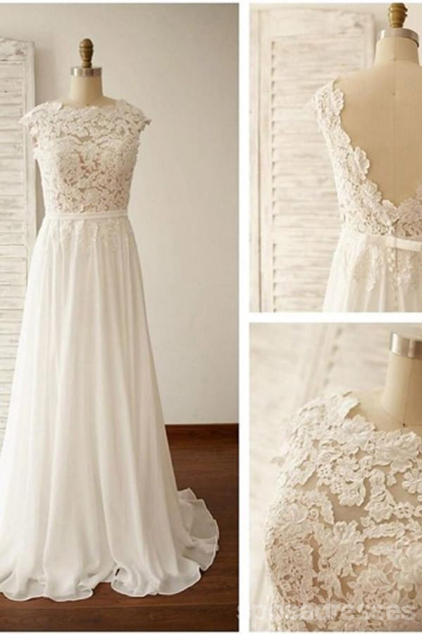Sexy Backless See Thourgh Lace Cap Sleeve Beach Γαμήλια νυφικά φορέματα, WD283