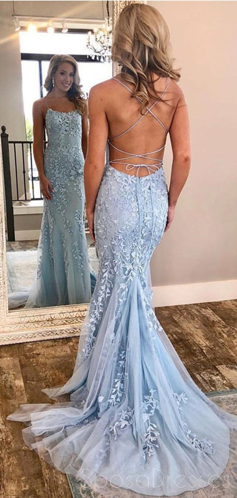 Προκλητικά Backless Μπλε Δαντέλα Γοργόνα Σέσουλα Μακριά Φορέματα Prom Βραδιού, Φθηνή Γλυκό 16 Φορέματα, 18380