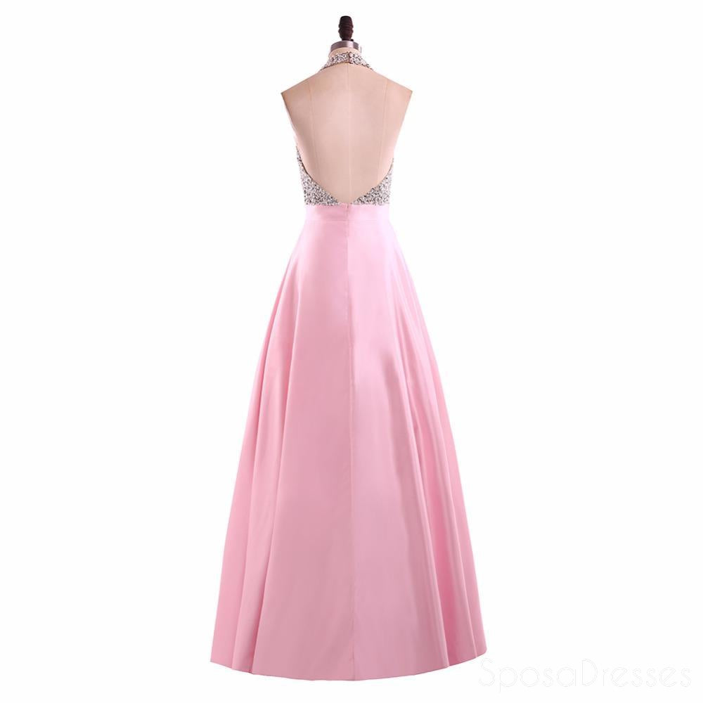 Sexy Backless Halter Heavily Beaded Pink Long Evening Prom Dresses, Popular Cheap Long 2018 Party Prom Dresses, 17236