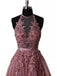 Halter Dusty Red See Through A line Lace Long Custom βραδινά φορέματα Prom, 17408