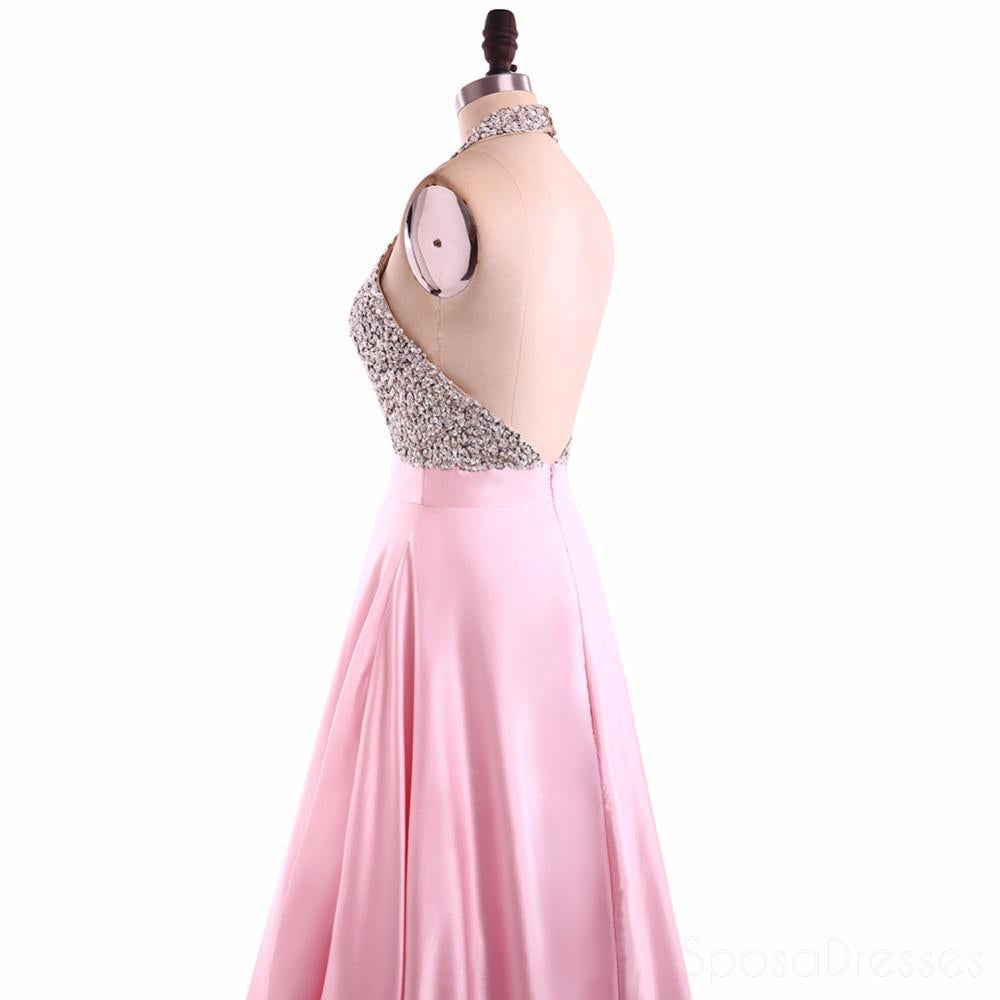 Sexy Backless Halter Heavily Beaded Pink Long Evening Prom Dresses, Popular Cheap Long 2018 Party Prom Dresses, 17236