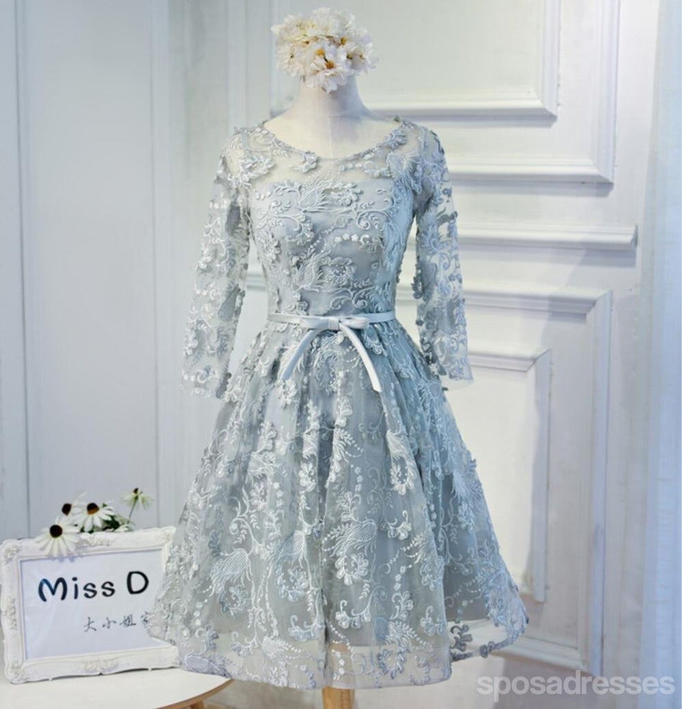 Manga longa Cinza de Renda Modesta Baile Vestidos de Baile, Acessível, de Festa Curto Vestidos de Baile, Regresso a casa Perfeita Vestidos, CM296