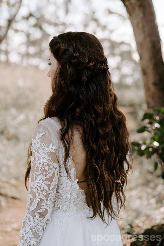 Simple Long Sleeves A-line V-neck Backless Lace Wedding Dresses,WD743