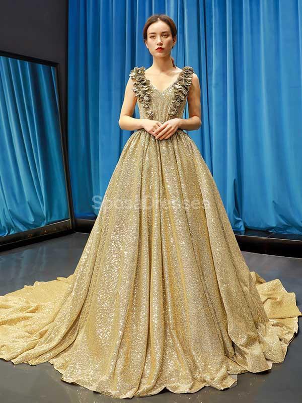 V λαιμό Ruffles Πράσινη Sequin Long Evening Prom Φορέματα, Βραδινά Κόμμα Prom Φορέματα, 12244