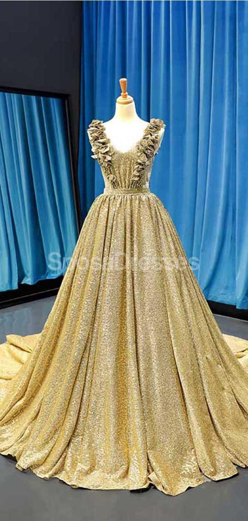 V λαιμό Ruffles Πράσινη Sequin Long Evening Prom Φορέματα, Βραδινά Κόμμα Prom Φορέματα, 12244