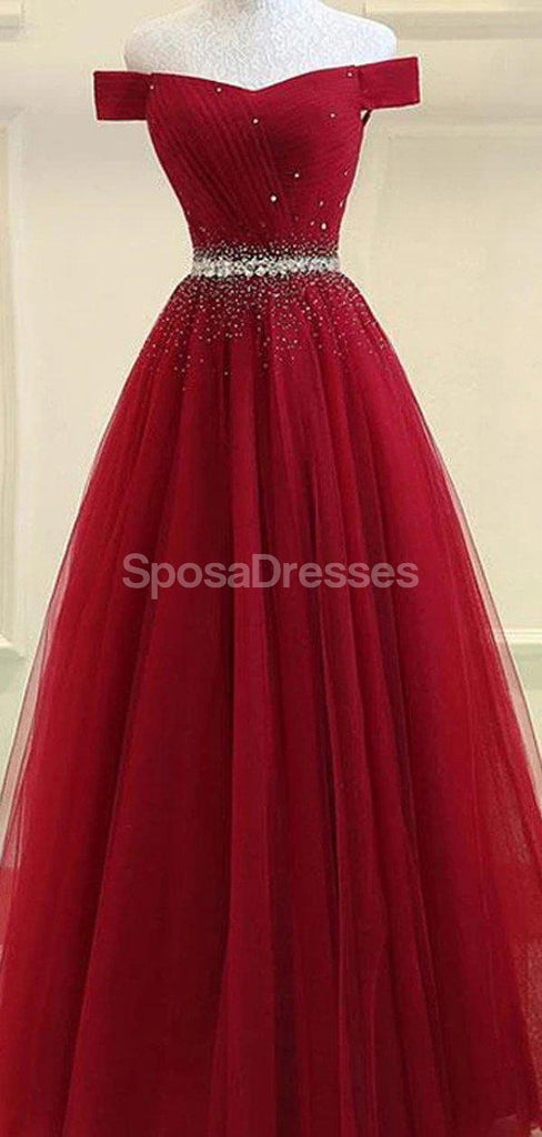 Off Shoulder Rhinestone Beaded Red Long Evening Prom Dresses, Evening Party Prom Dresses, 12317
