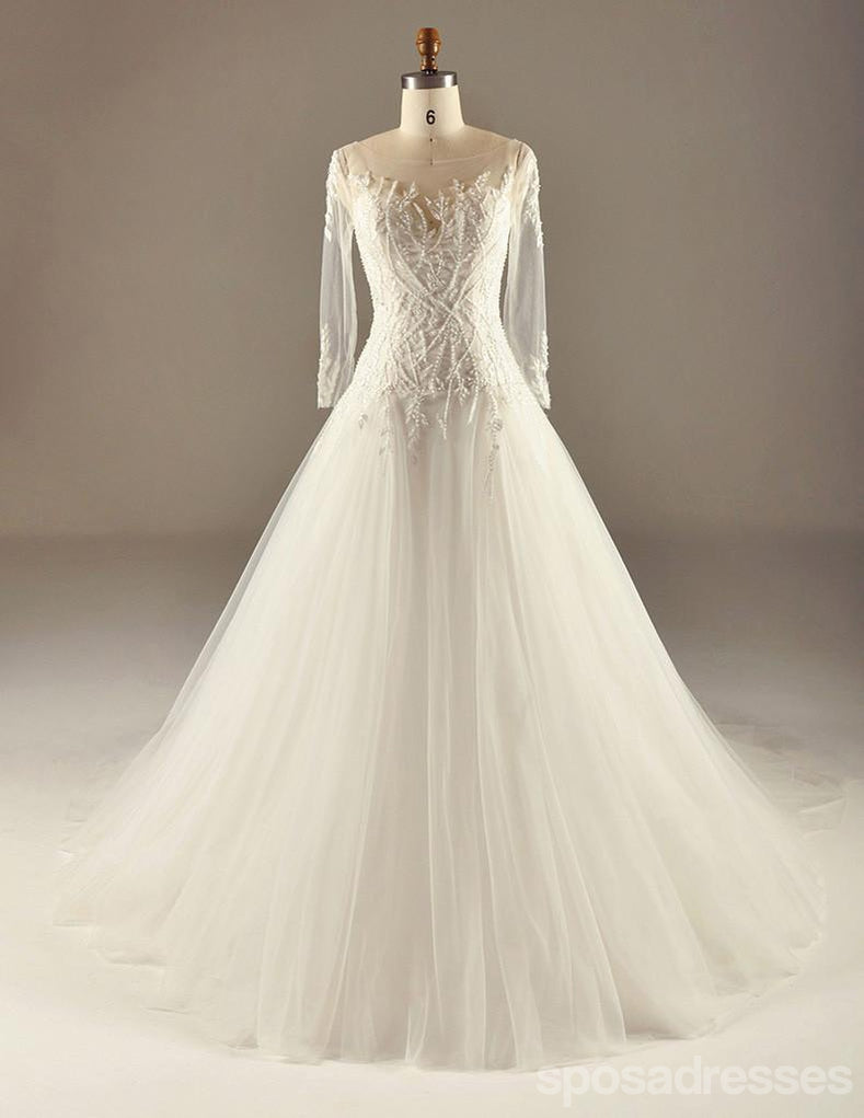Manches longues taille empire dentelle robes de mariée en perles, robes de mariée sur mesure, robes de mariée de mariage pas cher, WD226