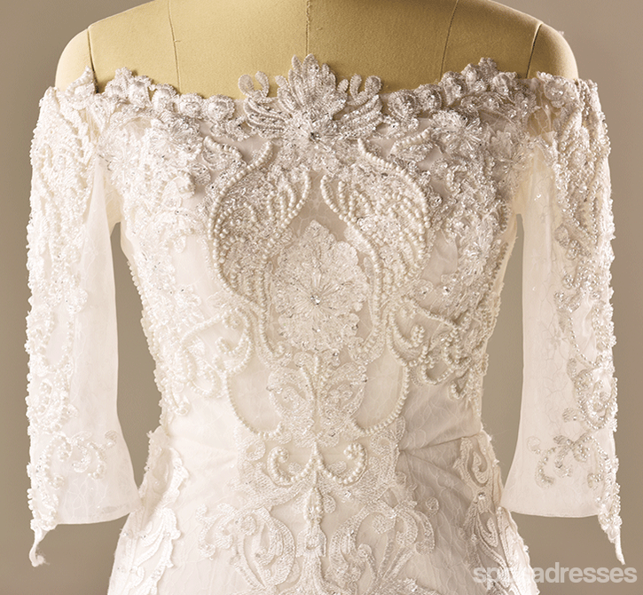 Long lacet de sirène de manche robes de mariée perlées, robes de mariée faites personnalisées, robes de mariée de mariage abordables, WD228