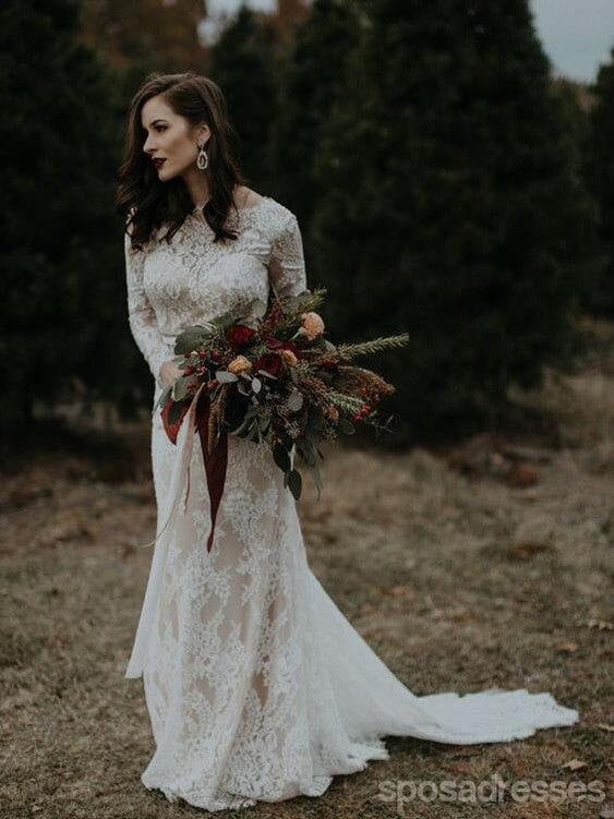 Sexy Backless Long Sleeves Mermaid Cheap Wedding Dresses Online, Cheap Bridal Dresses, WD486