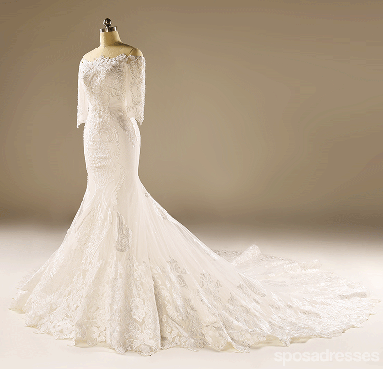 Long lacet de sirène de manche robes de mariée perlées, robes de mariée faites personnalisées, robes de mariée de mariage abordables, WD228