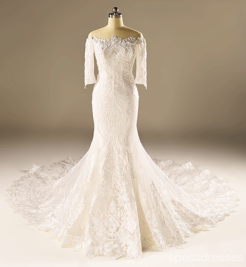 Long lacet de sirène de manche robes de mariée perlées, robes de mariée faites personnalisées, robes de mariée de mariage abordables, WD228