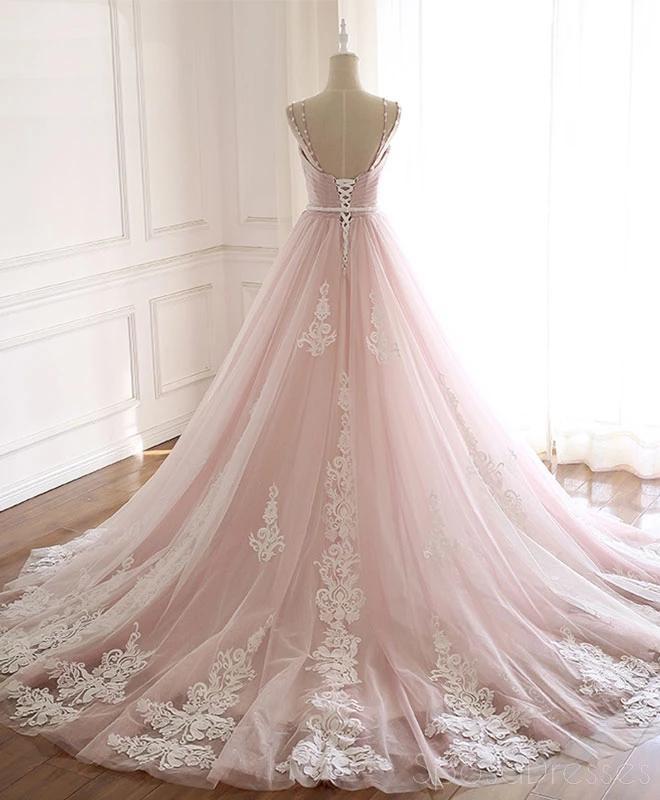 Robe de bal longue en dentelle rose pâle perlée A-ligne, Robe de soirée, 12209