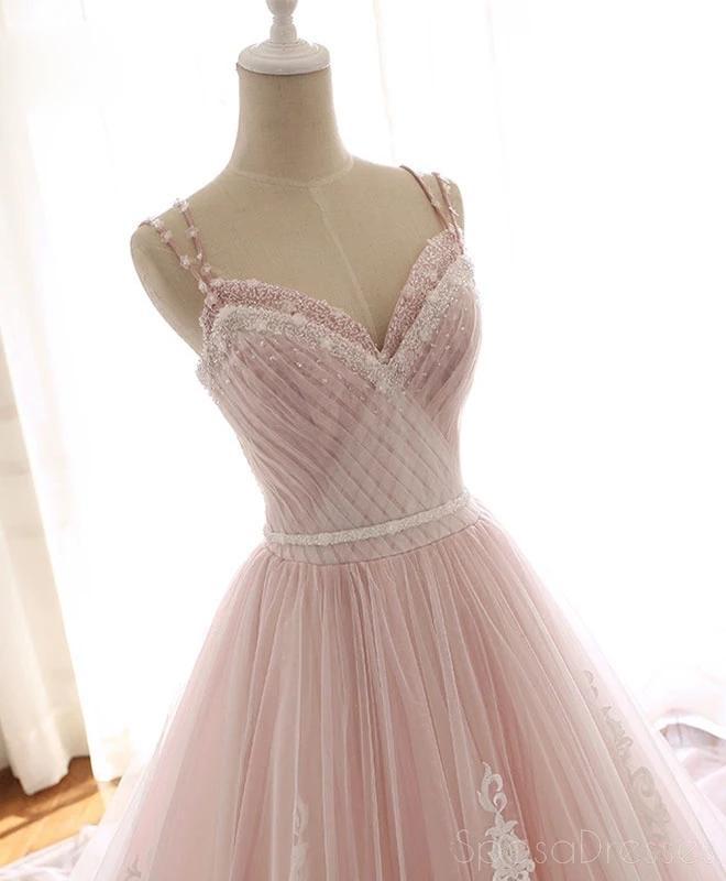 Robe de bal longue en dentelle rose pâle perlée A-ligne, Robe de soirée, 12209