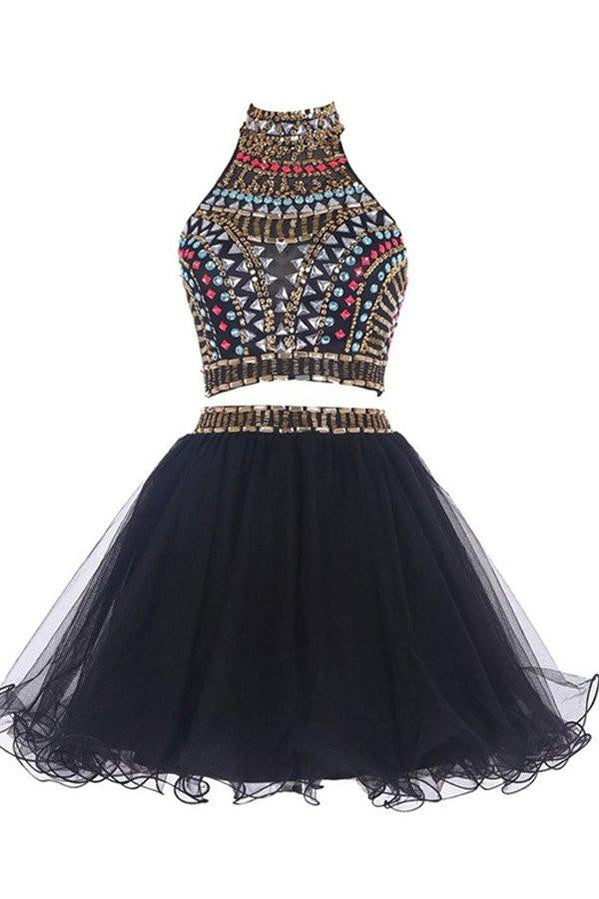 Προκλητικά δύο κομμάτια Backless μαύρα homecoming Φορέματα χορού, μαύρα φορέματα κοκτέιλ, CM0019