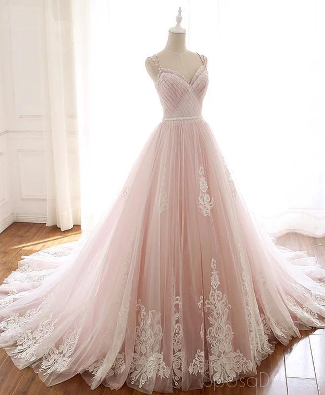 Robe de bal longue en dentelle rose pâle perlée A-ligne, Robe de soirée, 12209