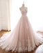 Robe de bal longue en dentelle rose pâle perlée A-ligne, Robe de soirée, 12209