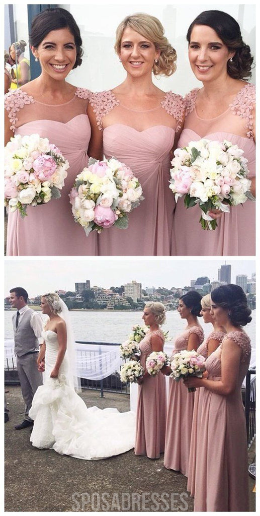 Jolies fleurs faites de mains charmant de longues robes de demoiselle d'honneur de cou de pelle en mousseline d'escompte formelles pour le mariage, WG42