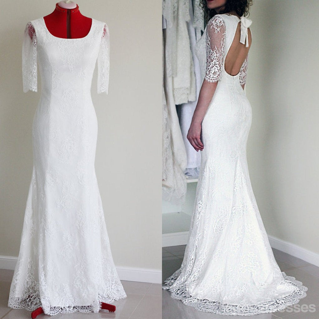 Popular meia manga sexy longa sereia aberta traseira vestido de festa de casamento de renda branca, WD0041